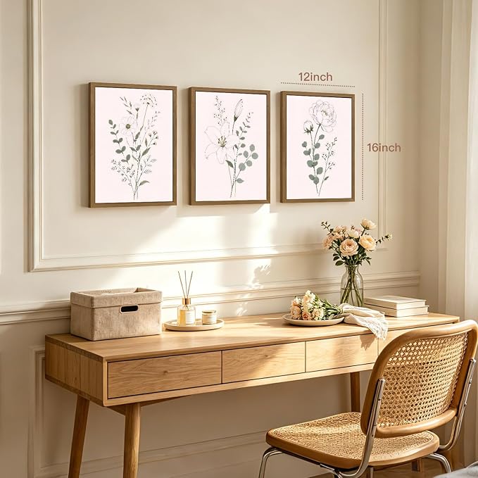 OPFDE Wood Framed Sage Green Botanical Wall Art Set of 3, Minimalist Wildflower Poster Prints, Neutral Floral Line Art Decor, Modern Farmhouse Bathroom Artwork for Living Room Bedroom 12x16 Inch