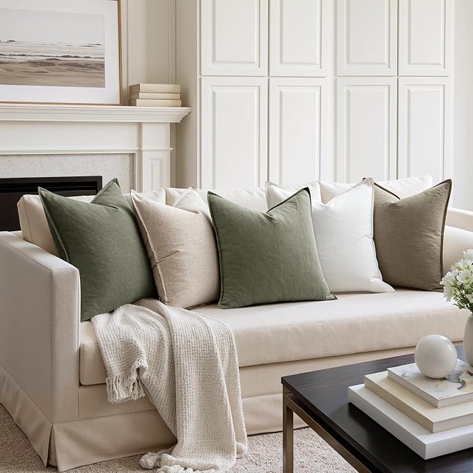 MIULEE Decorative Linen Pillow Covers 20x20 Inch Olive Green | Boho Farmhouse Neutral Couch Throw Pillows for Bed, Pack of 2 Accent Modern Pillowcases, Sofa Livingroom Home Decor