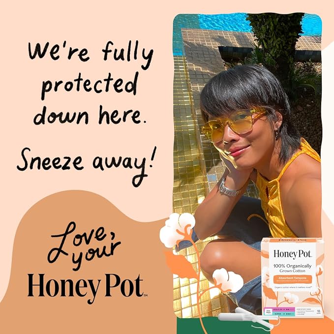 The Honey Pot Company - Super Absorbency - 100% Organic Cotton Core Tampons w/Bio Plastic Applicator - Feminine Care – Unscented - 54 Count (3 Packs of 18)
