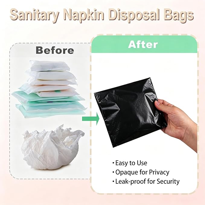 100 PCS Sanitary Napkin Disposal Bags, Feminine Hygiene Disposal Bags for Tampons and Pads, Block Odors, Self-Sealing Seals, 10.6 * 5.9 Inch (Black)