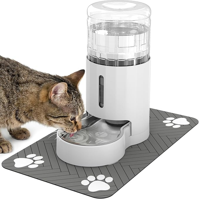 JUNSPOW Cat Water Dispenser with Placemat & Stainless Steel Bowl (4L White) | Automatic Gravity Water Dispenser for Cats or Small Medium Size Dogs, Large Capacity, Easy to Clean