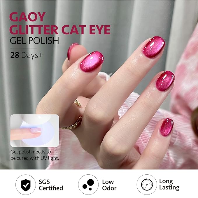 GAOY Pink Cat Eye Gel Nail Polish, 16ml Hot Pink Glitter Holographic Nail Polish with Magnet, Reflective Translucent UV Gel, 2400 First Crush