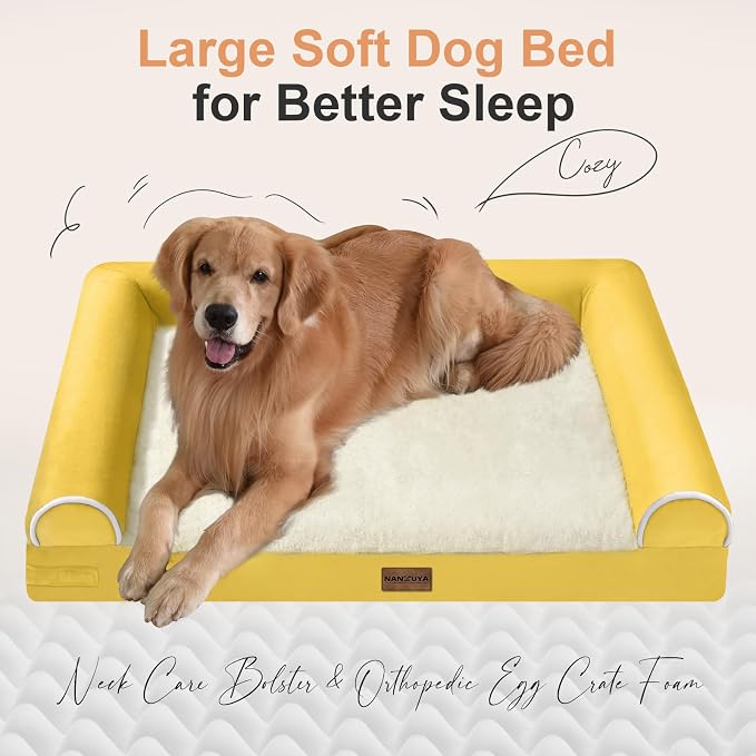 Orthopedic Dog Bed for Large Dogs, 36 x 27 Inch, Ginger | Egg crate foam for joint support, 3-sided bolster pet sofa, waterproof lining, washable cover, and non-skid base