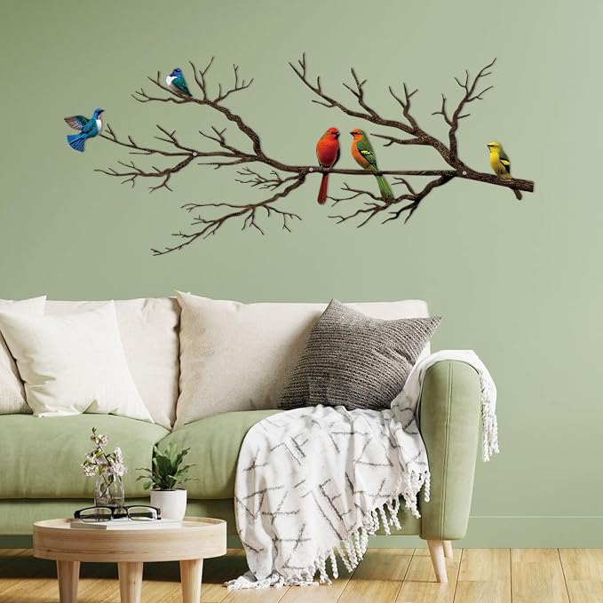 ESTART Metal Birds Wall Art, Metal Vivid Birds on Branch Silhouette Wall Decor Black Leaves with Bird Outdoor Hanging Wall Sculpture for Home Balcony Garden (Vintage Color, Small)
