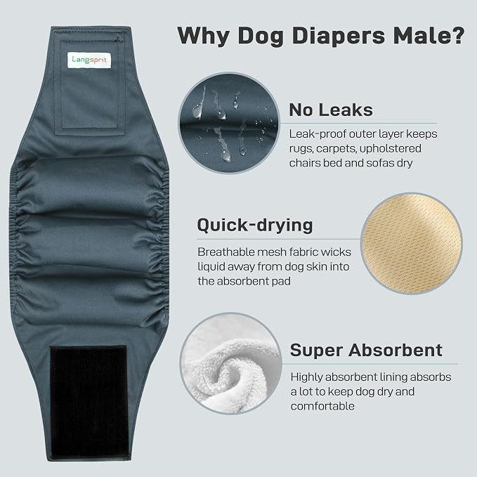 Langsprit Small Male Dog Diapers for Doggie Puppy,Reusable Belly Bands for Male Dogs Wraps,Washable Doggy Dog Diapers Medium Large in Incontinence 5 Pack (Dark Color, Medium)