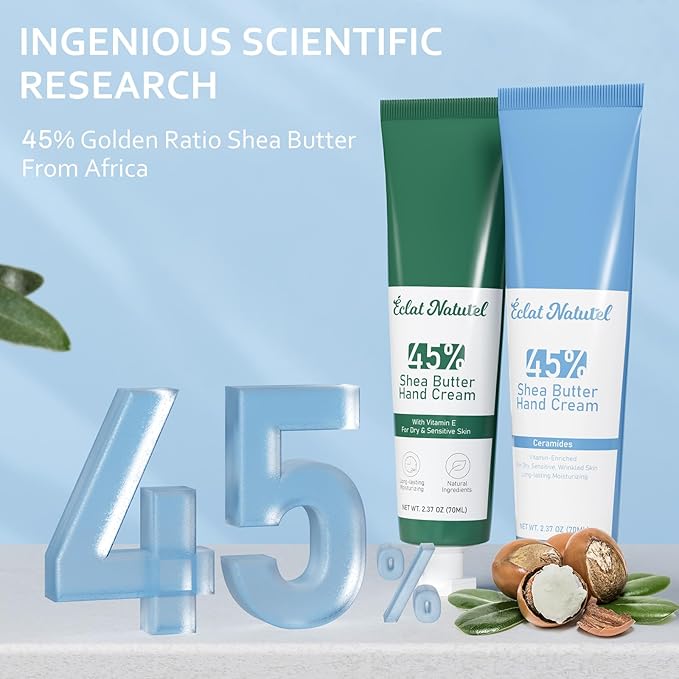 Shea Butter Hand Cream, Hand Moisturizer with 45% Shea Butter, Ceramides and Vitamin E, Hydrating Deep Moisturizing Cream, Hand Lotion for Dry Hands (Pack of 2)