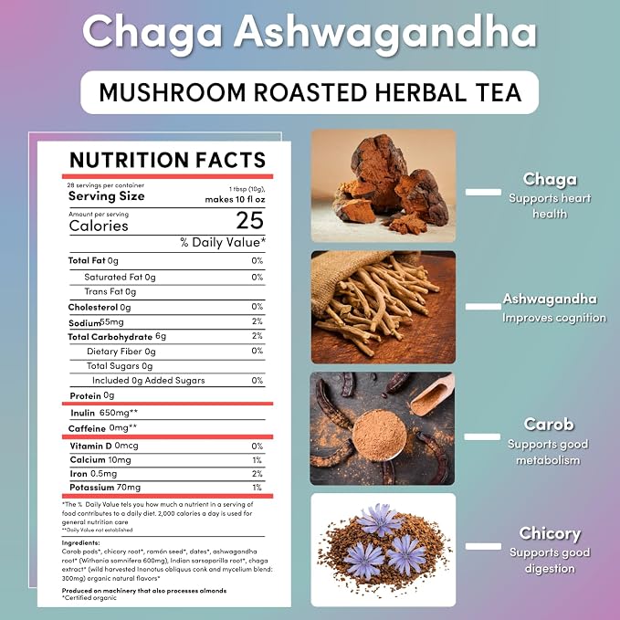 Teeccino Chaga Ashwagandha Tea - Butterscotch Cream - 25 Tea Bags - Organic Mushroom Adaptogenic Herbal Tea, 3x More Herbs than Regular TeaBags, Prebiotic, Caffeine Free, Gluten Free - (Pack of 3)
