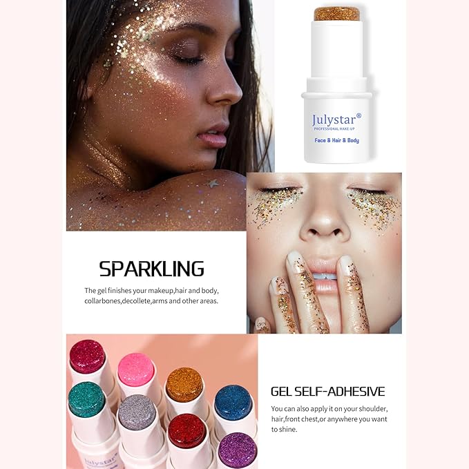 2 Colors Body Glitter Stick Chunky Glitter Gel for Face Body Hair Sparkling Holographic Mermaid Sequins Paint Multiuse Makeup Glitter Gel Gold and Silver（2PCS）