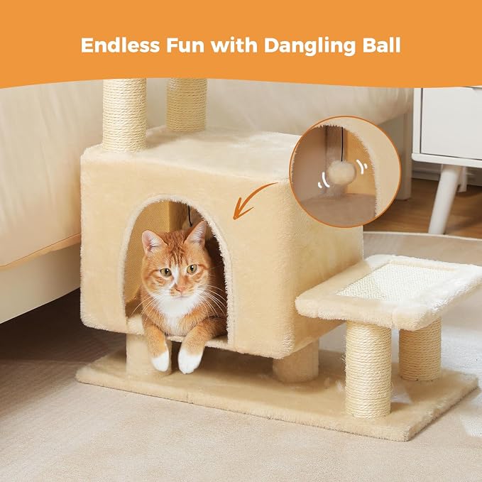 3-in-1 Cat Stairs with Scratching Post & Condo, Pet Steps, Beige | Pet Steps for High Beds, Sofa, Couch, Tall Cat Tower, High-Strength Boards for Indoor Small Cats Kittens Dogs Climbing Play
