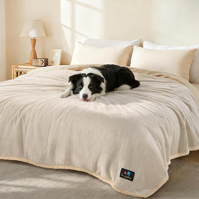 Luciphia Waterproof Pet Blankets, Liquid Pee Proof Dog Blanket for Sofa Bed Couch, Reversible Sherpa Fleece Furniture Protector Cover for Small Medium Large Dogs Cats, Dark Beige King Size（100" x 85"） | waterproof pet blanket sherpa fleece reversible c...