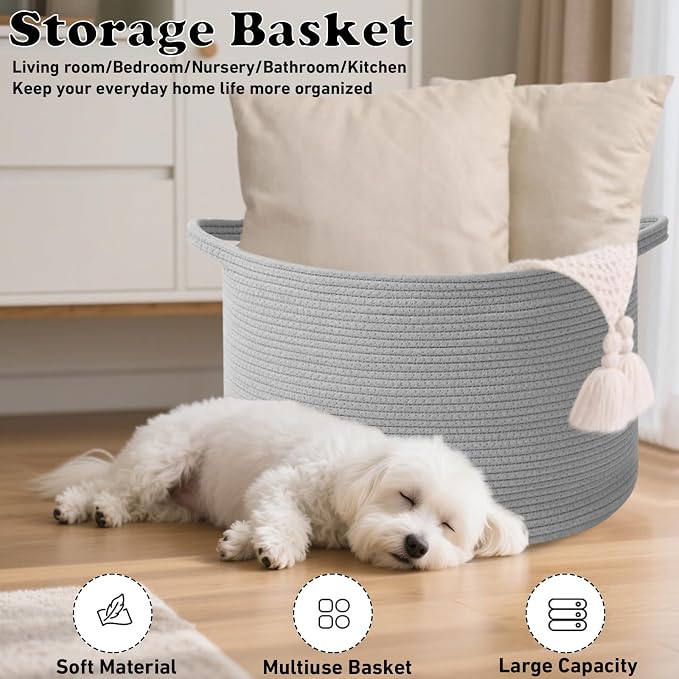 115L Extra Large Blanket Basket,Woven Laundry Basket-Light Grey | Collapsible, reinforced handles, nursery storage bin organizes clothes, toys and pillows for living room, bedroom bathroom