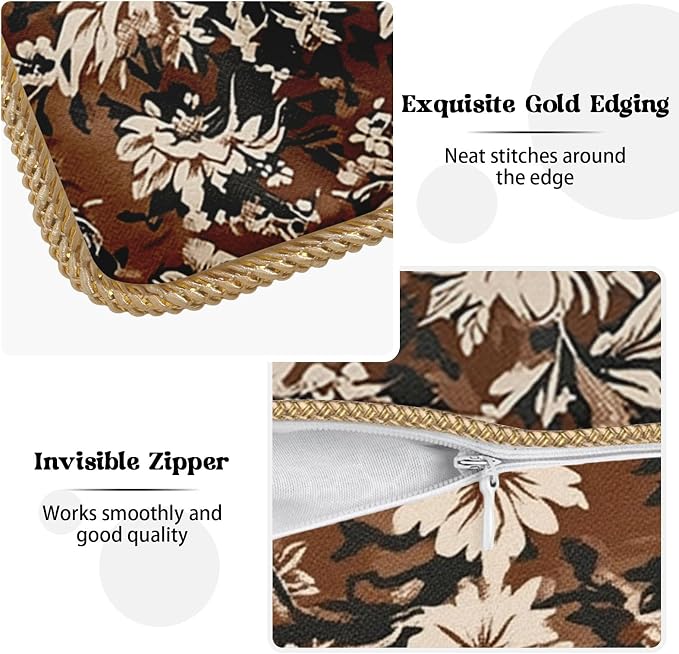 Vintage Brown Cream Floral Velvet Pillow Covers 16x16 Inch Tapestry Neutral Flowers Throw Pillows for Couch Cushion Covers Pillowcase Boho Farmhouse Pillow Cases for Sofa Bed Bedroom