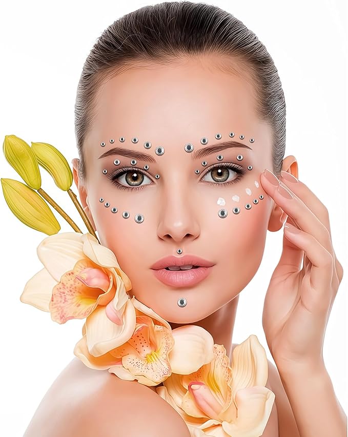 591pcs Face Gems Hair Gems Pearls, Self-Adhesive Face Jewels Eye Rhinestones 3/4/5/6/8 mm Face Gem Stick on, Halloween Makeup Gems Rave Accessories for Face Eyes Body Makeup (14.Clear)