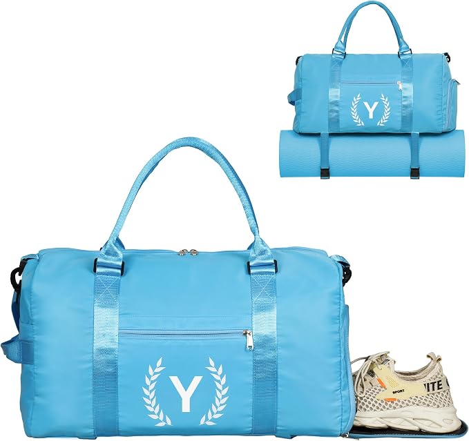 Gym Bag for Women, Personalized Duffle Bag with Shoe Compartment, Sports Bag for Yoga & Dance with Wet Pocket and Mat Strap(AquaBlue,Y)