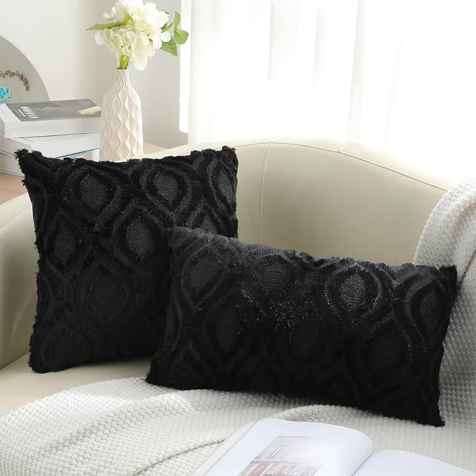 decorUhome Faux Fur Plush Soft Black Throw Pillow Covers 20x20 Set of 2 | Wool Solid Fall Couch Pillow Covers, Accent Modern Farmhouse Neutral Decorative Square Pillow Cases for Sofa Bed Living Room