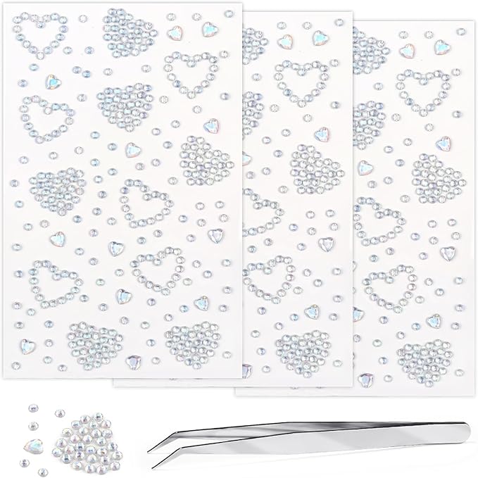 3Sheets Heart Gem Stickers Jewels for Crafts, Face Makeup - Self Adhesive Rhinestone Jewel Stickers, Stick on Gems Rhinestones for Crafts, Craft Supplies for Kids (02.Laser Heart)
