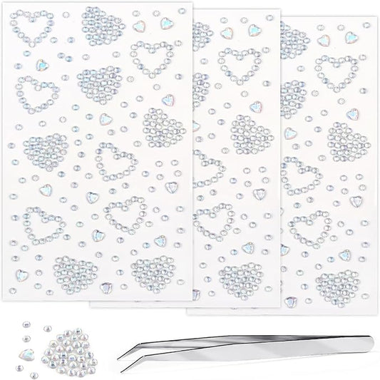 3Sheets Heart Gem Stickers Jewels for Crafts, Face Makeup - Self Adhesive Rhinestone Jewel Stickers, Stick on Gems Rhinestones for Crafts, Craft Supplies for Kids (02.Laser Heart)