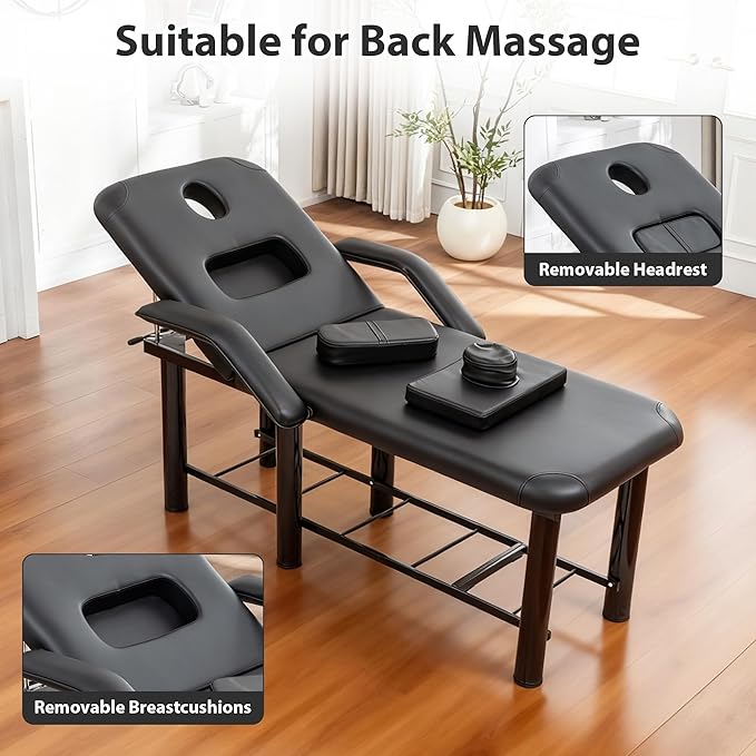 Professional Massage Salon Bed 73.6 Inch with Handrail, Stationary Physical Therapy Treatment Table with Removable Headrest & Chest Cushions, Spa Facial Esthetician Bed with Adjustable Backrest