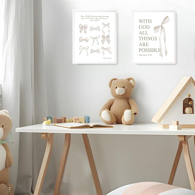 LARTSFRO Coquette Beige Bow Christian Wall Art Decor Posters, Beige Bow Christian Room Bedroom Bathroom Dorm Wall Art Decor Aesthetic for Women College Teen Girls Gifts, Inspirational Bible Verses Bow Wall Decor, 10x8 Inch Set of 4 Pcs Bow Pictures (UN...