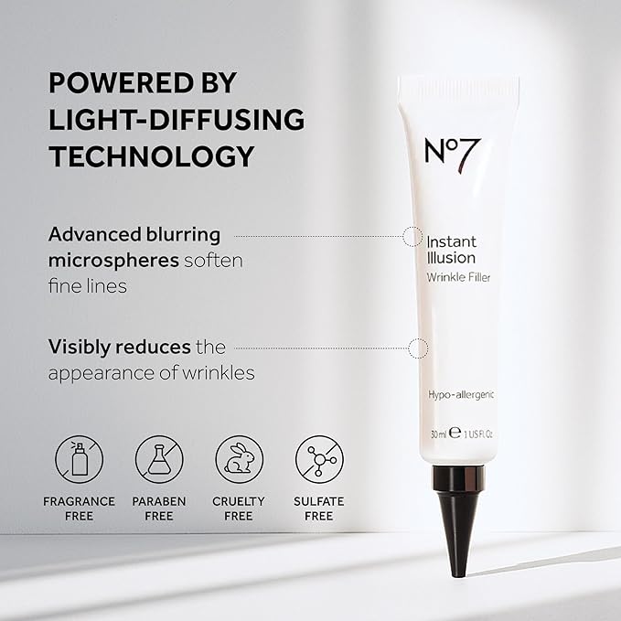 No7 Instant Illusion Wrinkle Filler - Anti Aging Serum for Face to Smooth + Blur Fine Lines and Wrinkles - Gives Complexion a Youthful and Radiant Glow (1 Fl Oz)