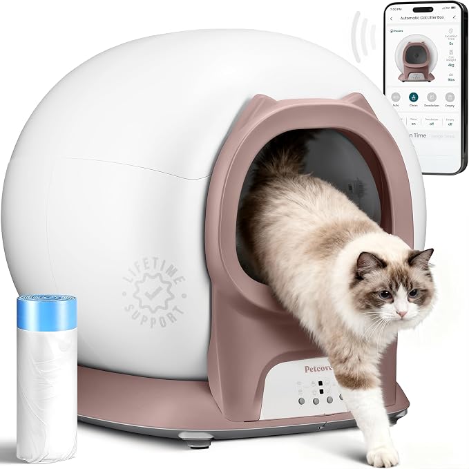 Petcove PurrTek Automatic Litter Box Self Cleaning 5GHz Wi-Fi, Odor Control | 45 dB Quiet, App Control Sealed Waste Bin, Advanced Safety Sensors, Auto Smart Self Cleaning Cat Litter Box for Multiple Cats