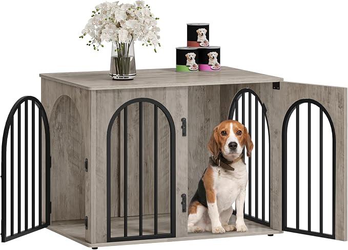 Hzuaneri 31.5'' Dog Crate Furniture,Dog Kennel Indoor for Small/Medium Dogs | Dog Kennel Furniture Wooden Dog Cage Heavy Duty Dog Crate Decorative Pet House End Side Table TV Stand,Greige Black DFC85105B