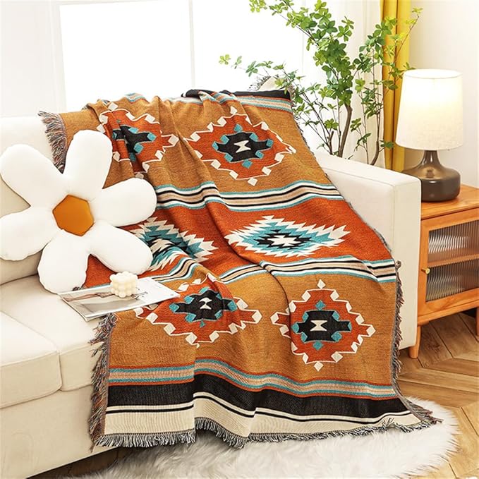 Homesy Aztec Throw Blanket Native Southwestern Bed Blankets 51"x63" Brown | Southwest Decor,Boho Style,Sofa Chair Cover,Outdoor Beach Car Tent Travel Camping Use,Tapestry,Reversible and Tassels