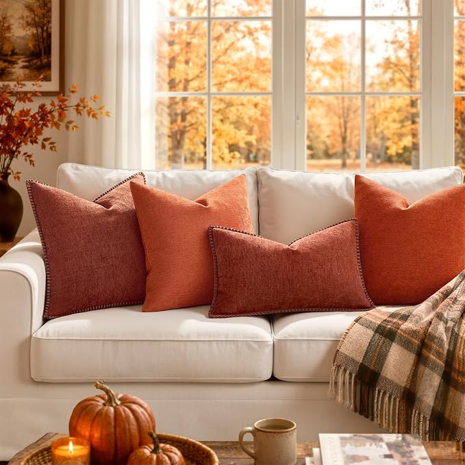 MIULEE Fall Decorative Couch Throw Pillow Covers 18x18 Inch Burnt Orange | 2 Pack, Terracotta Farmhouse Pillow Covers with Stitched Edge, Soft Chenille Cushion Cases, Sofa Bed Living Room Home Decor