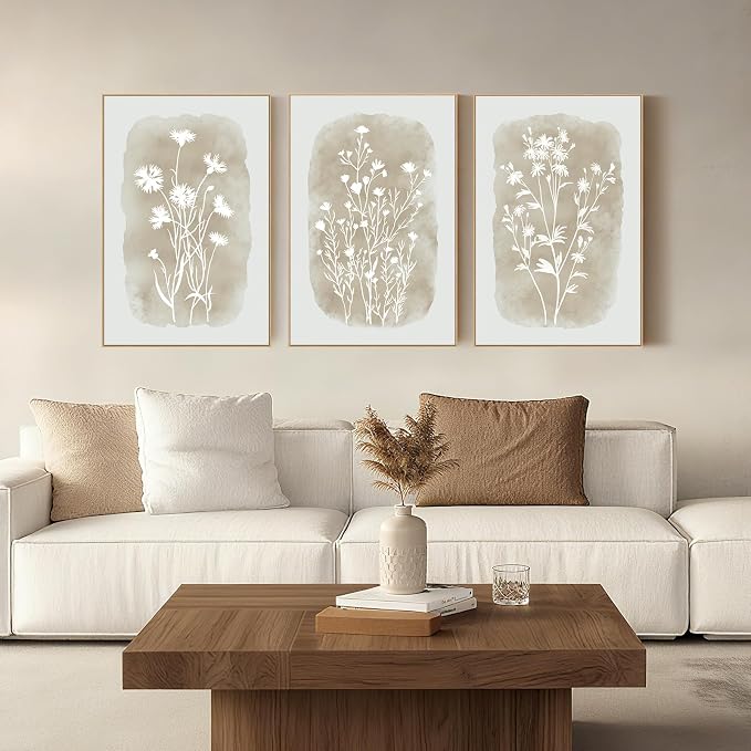 SAFERRYHOME Neutral Wildflower Beige Botanical Wall Art, 3 Panels,16x24 Inch