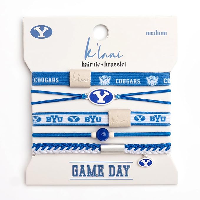 K'lani Game Day Hair Tie Bracelets – 5-Pack Stretchy No-Crease Hair Ties & Stylish Bracelets – Team Color Accessory for Hair or Wrist - BYU, Large