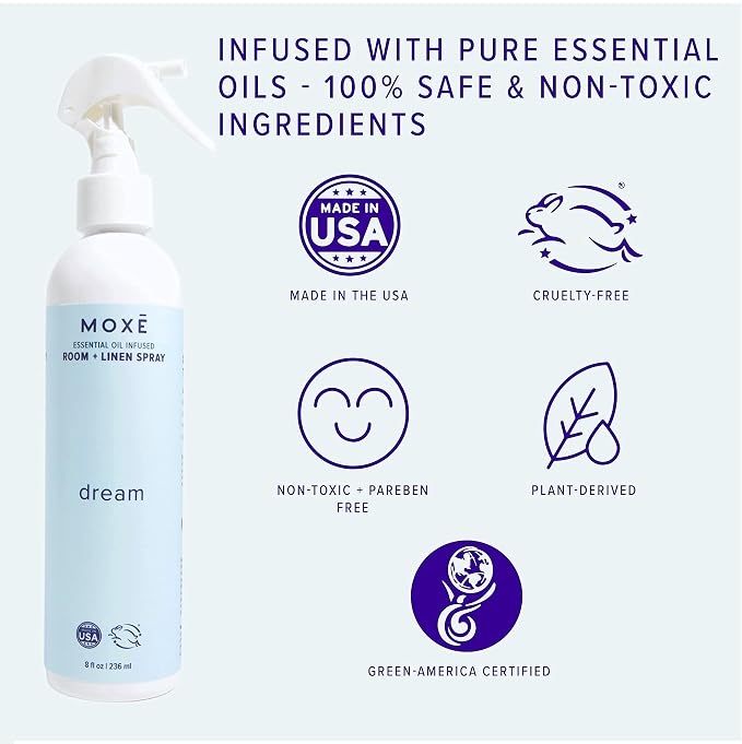 MOXE Dream Linen & Room Spray, Essential Oils for Sleep, Natural Aromatherapy Mist, Bedding, Pillows, Sheets, Home & Bedroom, Lavender, Chamomile, Lemongrass, Grapefruit, 8 Ounces (1 Pack)