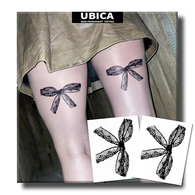 2 Sheets Long Lasting Lace Temporary Fake Tattoos For Women Thigh,Bow Semi Permanent Tattoo For Adults Girl,Realistic, Waterproof and Non-Reflective,Minimalist Design