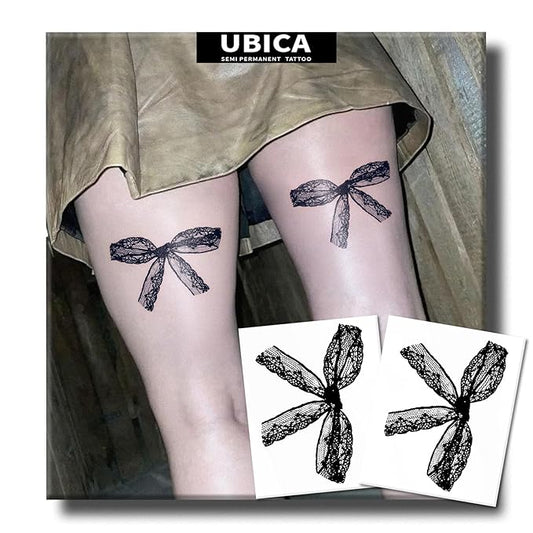 2 Sheets Long Lasting Lace Temporary Fake Tattoos For Women Thigh,Bow Semi Permanent Tattoo For Adults Girl,Realistic, Waterproof and Non-Reflective,Minimalist Design
