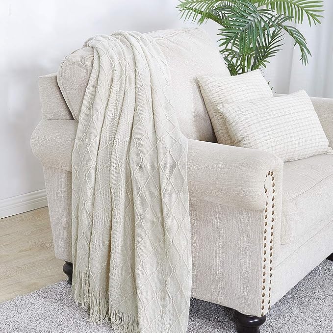 BOURINA Beige Throw Blanket 60x80 Inch Boho Knitted Soft Throw Sofa Blanket | Knitted Throw Blanket 60x80 Inches, Soft Lightweight Boho Weave Throw Decorative Couch Blanket for Living Room Bedroom Chair