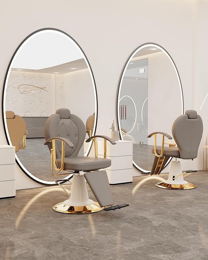 Baasha Reclining Salon Chair for Hair Stylist, All-Purpose Hair Chair with 360° Swivel, Hydraulic Pump, Adjustable Headrest, Heavy-Duty Frame, 440 lbs Capacity - Gray