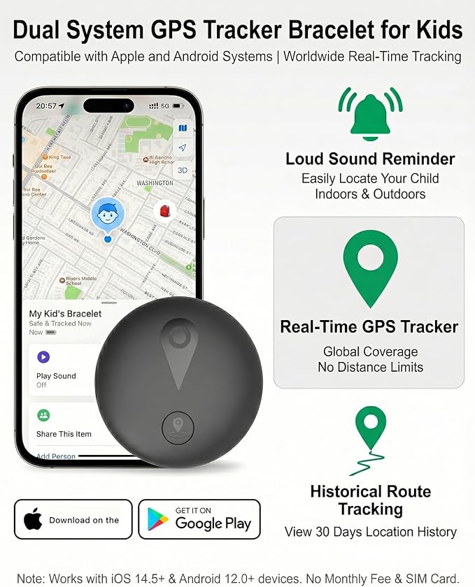 GPS Tracker for Kids, Smart Kids Tracker with Real-Time Location, for Android and iPhone No Monthly Fee & No SIM Card- Wearable Wristband & Keychain Design, IP68 Waterproof,Indoor & Outdoor Safety Use