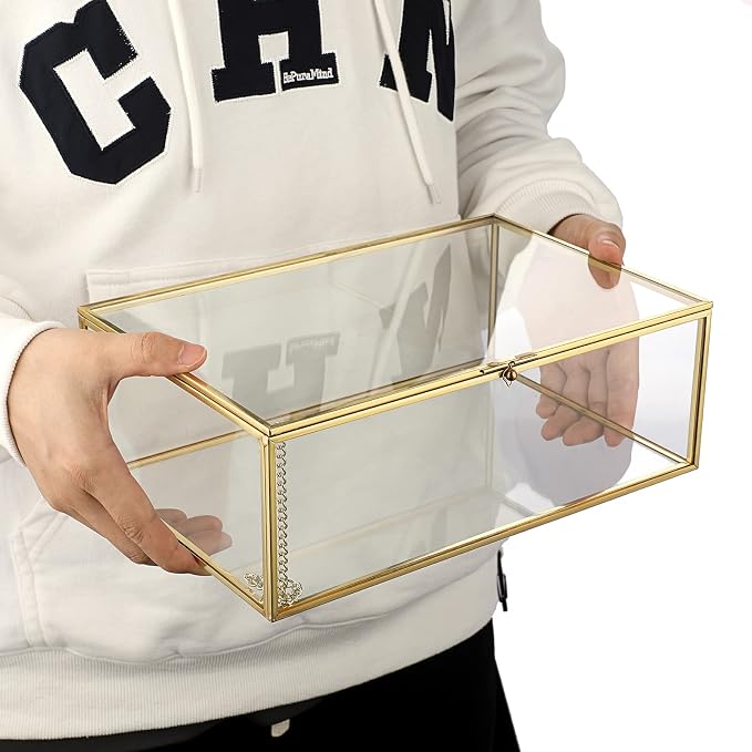 Hipiwe Vintage Glass Keepsake Box - Rectangle Jewelry Display Case, X-Large | Gold Vanity Organizer Lidded Boxes Home Decor Accent for Storage Trinket Rings Bracelet Rock