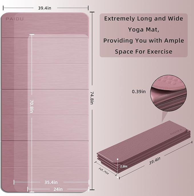 PAIDU Foldable Yoga Mat thick- 2/5" (10MM) TPE Non-Slip Design, Quick Fold，Easy Storage, 75x40 Extra Long/Wide for Indoor Yoga, Pilates and Outdoor Travel Workouts