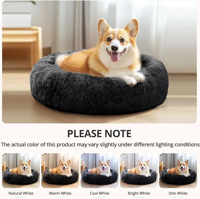 JOLLYVOGUE Calming Dog Bed Medium Size Dog, 31in Donut Washable Medium Pet Bed, Anti-Slip & Anti-Anxiety Fluffy Faux Fur Round Dogs Bed, Fits up to 45 lbs Pets (Black)