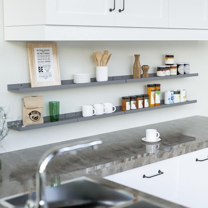 RICHER HOUSE 8 Set Floating Wall Mounted Shelves, Nursery Hanging Book Shelves with Lip for Storage, Gray Display Picture Ledge Shelf for Bedroom Bathroom Kitchen Living Room Wall Decor, Modern Grey | Display Picture Ledge Shelf, Anti-drop lip Shelf fo...