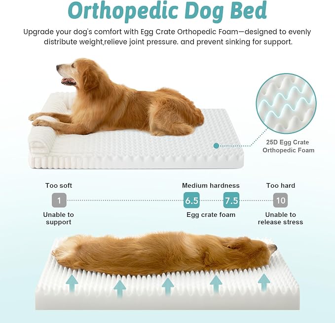 COZY KISS Faux Rabbit Fur Extra Large Dog Bed – 48"x35" Orthopedic Foam Couch with Sides, Removable Washable Cover & Waterproof Lining, Cream