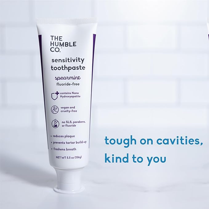 The Humble Co Fluoride-Free for Sensitive Teeth Toothpaste, Spearmint - Toothpaste with Xylitol & Nano Hydroxyapatite for Adults - SLS Free Dental Oral Care & Hygiene - 2 Pack