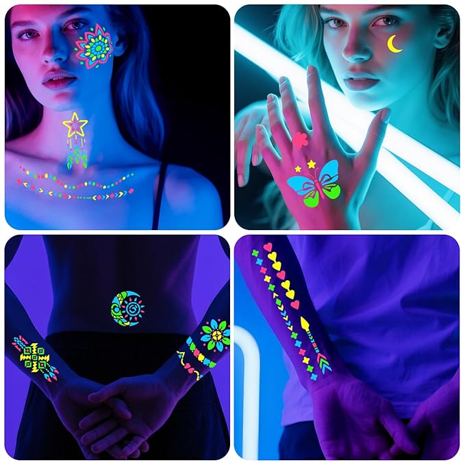 Glow in the Dark Face Paint Markers, UV Neon Body Paint Pen 4-Color + 8 Sheet Mandala Flower Bohemia Tattoos Stencils for Adult Teen Kid, Glow Party Nightclub Birthday Festival Christmas Washable