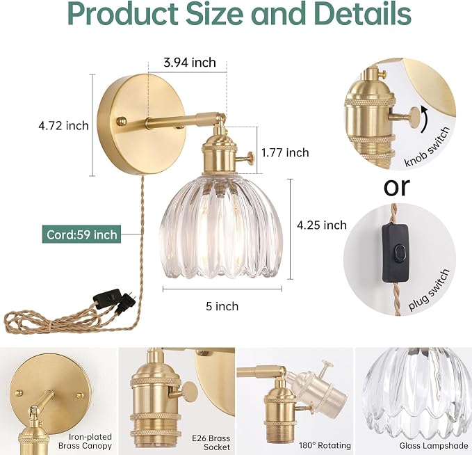 Shenmoyl Plug in Wall Sconce, Transparent Tulip Glass Lampshade Wall Light Plugin Corded for Bedside Bedroom Doorway