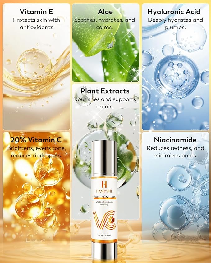 HANYWIL 20% Super Vitamin C Serum for Mature Skin, Targets Age Spot & Wrinkle Reduction with Hyaluronic Acid, Hydrating Anti-Age Serum 1.7fl oz