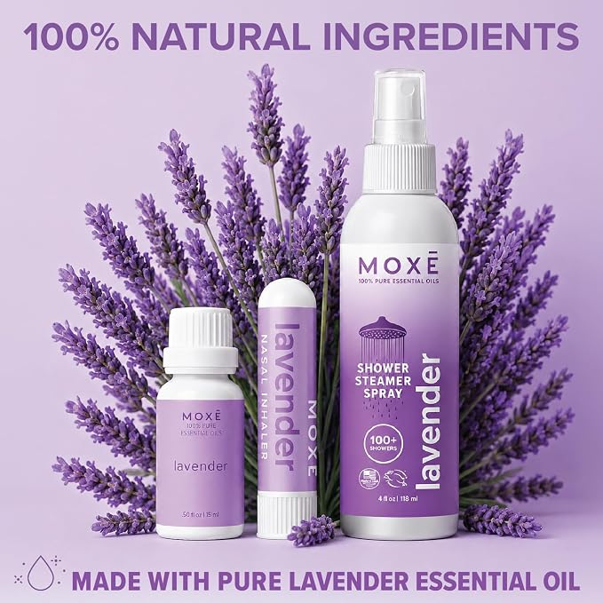 MOXE Lavender Aromatherapy Gift Set, 100% Pure Essential Oil, Shower Steamer Spray, Portable Nasal Inhalers, Diffuser Essential Oil, Sinus & Congestion Relief, Therapeutic Grade, Made in USA