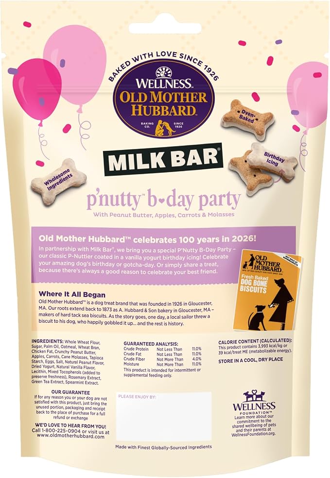 Wellness Old Mother Hubbard Milk Bar P'Nutty B-Day Party Dog Biscuits, Natural Treats, Peanut Butter Flavor with Birthday Icing, 10 oz Bag