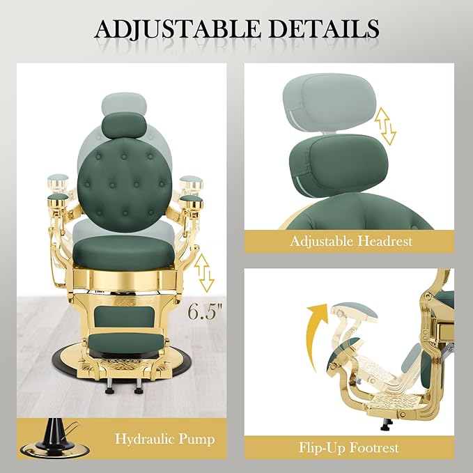 Barber Chair for Barbershop, Heavy Duty Recline Hair Salon Styling Chair with Removable Headrest, Professional Salon Beauty Spa Shampoo Equipment, Green Gold