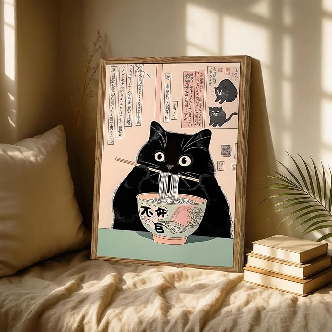 Funny Japanese kitchen Black Cat Wall Art, Whimsical Cat Eating Noodles Wall Decor Painting, Cute Animal Canvas Poster Eclectic Pet Dining Room Prints Artwork Wood Framed 16x24 inch