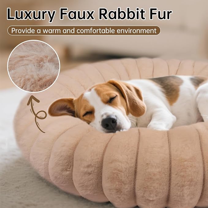 Donut Small Medium Dog Bed Washable Kitty & Puppy Bed,28ins Brown | Comfortable Calming Dog Bed Round Cuddler, Fluffy Faux Rabbit Fur, Anti-Slip Bottom, Anti-Anxiety, for Pets Up to 30 Lbs